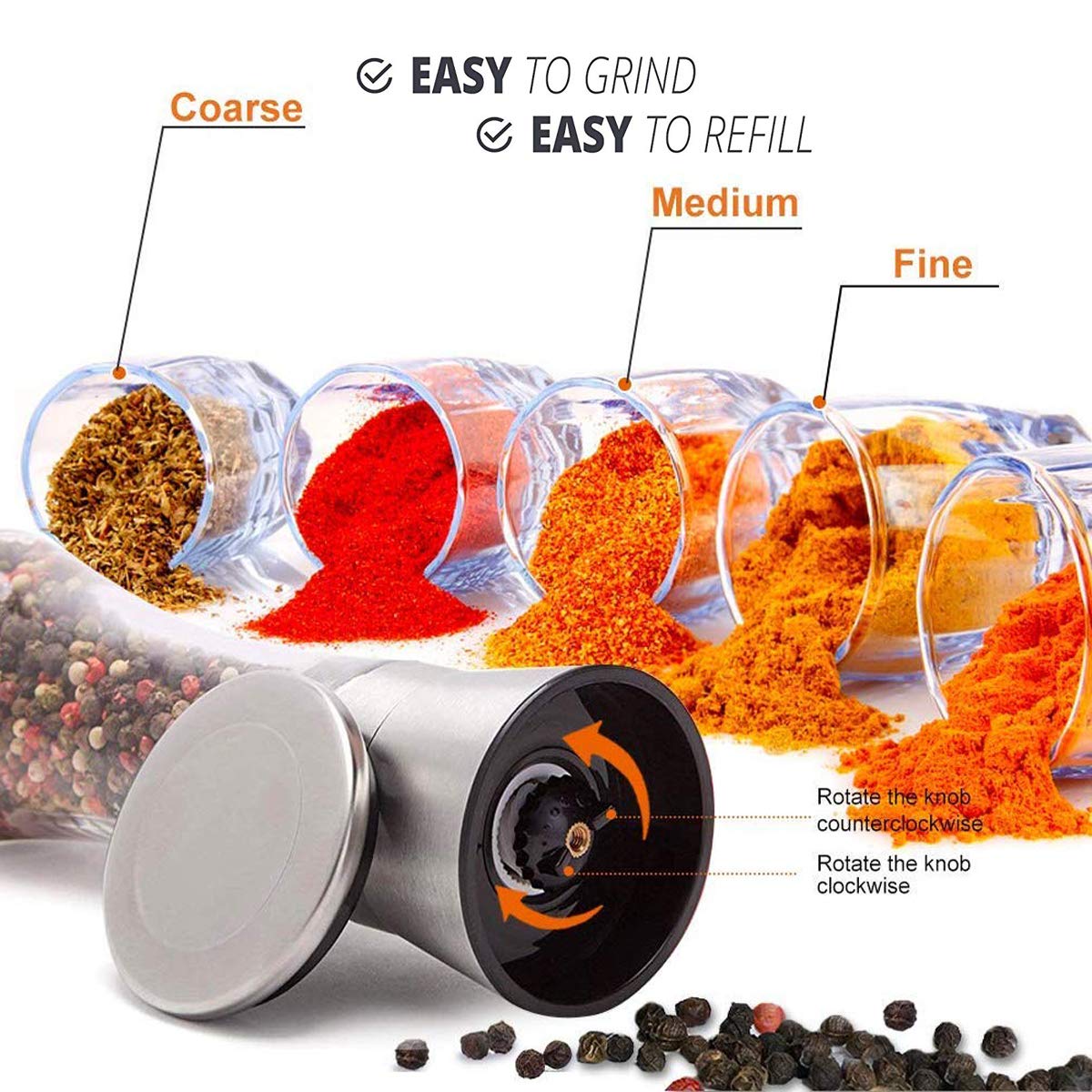 Elegant Pepper and Salt Grinder Set of 2, Best Spice Mill with Brushed Stainless Steel Cap, Ceramic Blades, Adjustable Coarseness, and Refillable Tall Glass Body with 6OZ Capacity (7.5").