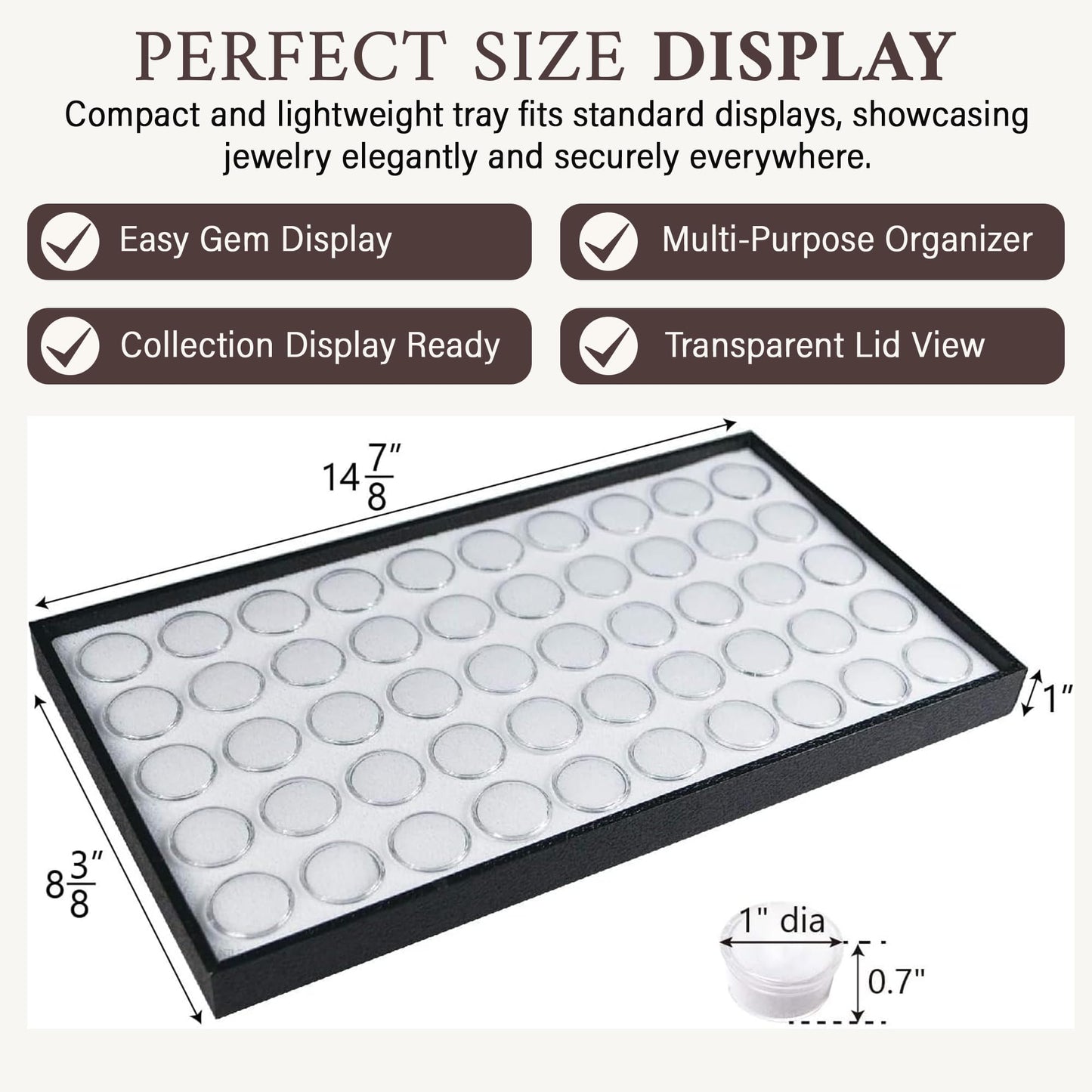 RJ Displays 50 White Foam Gem Jars with Tray, Gemstone Display Case with Lids for Gems, Coins, Gem Storage Organizer, Gem Holder, Charm Box, Gem Display Case, Gemstone Storage, 14.5" x 7.8" x 0.75"