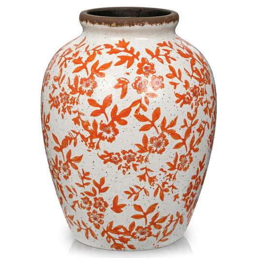 Nature Crafted 8.2 inch Vintage Ceramic Vase, Rustic Farmhouse Floral Vase, Ceramic Large Chinoiserie Vases for Spring Home Decor Living Room Bookshelf Office Desk Dining Table (Orange & Beige)