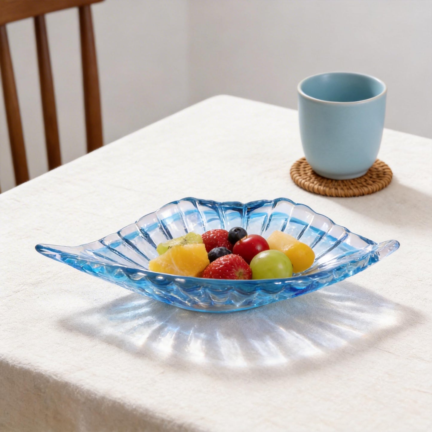 DOVDOV Hand blown decorative glass bowls, Blue large glass fruit bowls, and serving platters perfect for display on coffee tables, dining tables, kitchen countertops, TV stands, and entryway shelves.