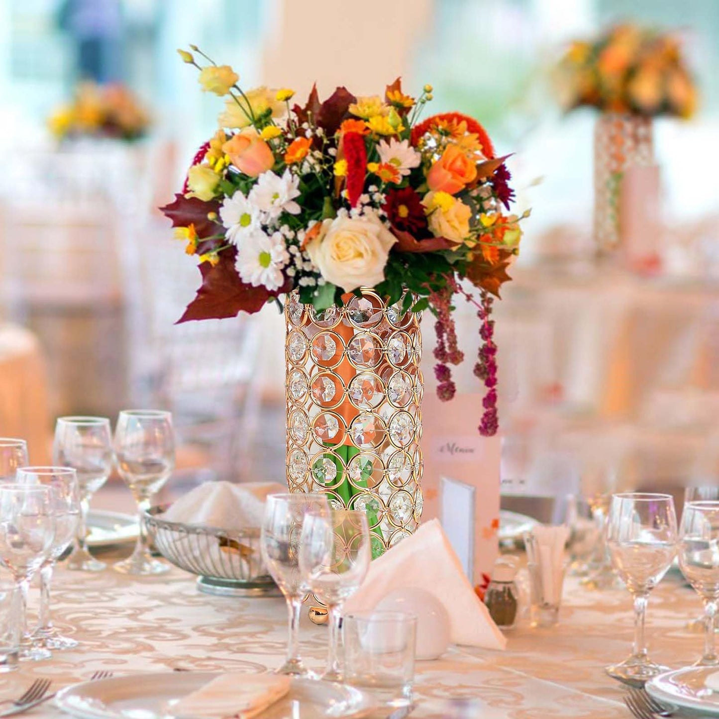 Elegant Crystal Column Vase/Pillar Candle Holder Set, Cylinder Flower Display Tabletop Centerpiece for Weddings & Home Decor (2, Gold)