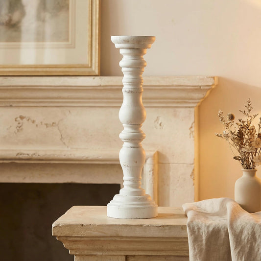 Farmhouse Rustic Candle Holder for Pillar Candle, Vintage White Wooden Pillar Candle Holder, Vintage Candlestick Holder for Dining Table, Coffee Table, Or Any Table Top (1Piece, 4.7" x 4.7" x 16")