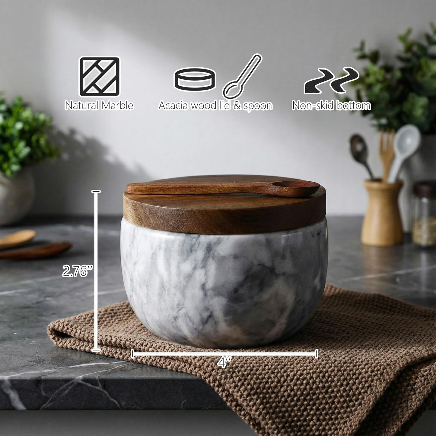 Teecyhooo Marble Salt Cellar Set of 4 with Lid and Spoon, Natural Marble Spice Container Bowls with Acacia Wood Lids for Pepper Sugar Seasoning Storage, Kitchen Counter Pinch Bowl Set