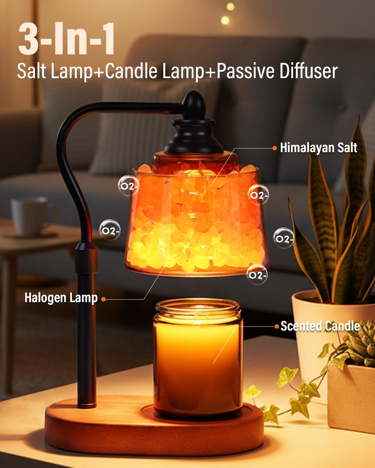 ZAXLZMHSD 3-in-1 Candle Warmer Lamp with Timer Dimmable, Himalayan Salt Lamp & Passive Diffuser, Gifts for Women, House Warming Gifts, Wax Melt Warmer for Jar Candles (Black)