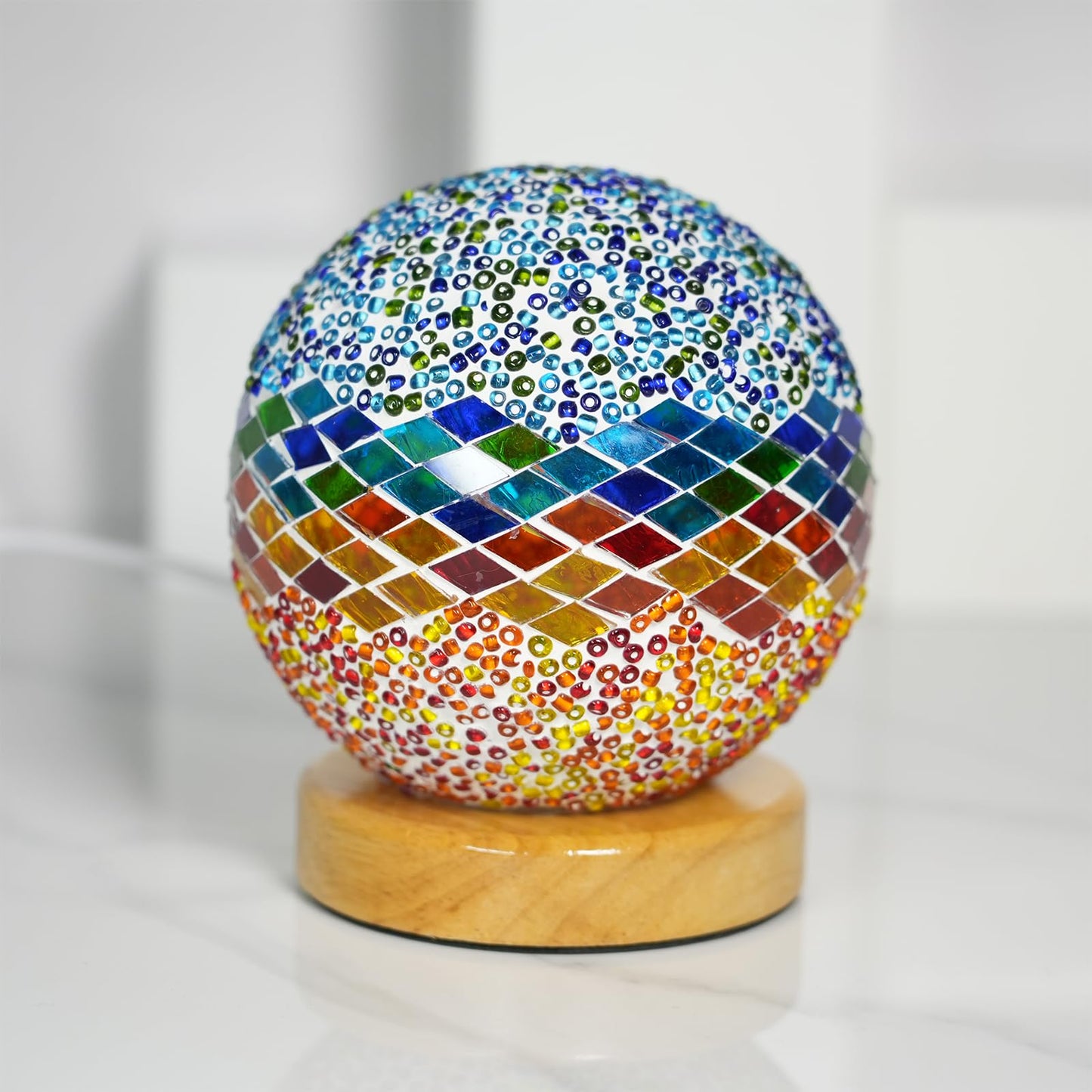 Turkish Table lamp (D:4.7" x H:5.2"),Mosaic Glass Lamps with Wooden Base, Bohemian Tiffany Bedside Lamps, USB Power Moroccan Lantern for Living Room Decorations (Mediterranean - Blue, Mediterranean)