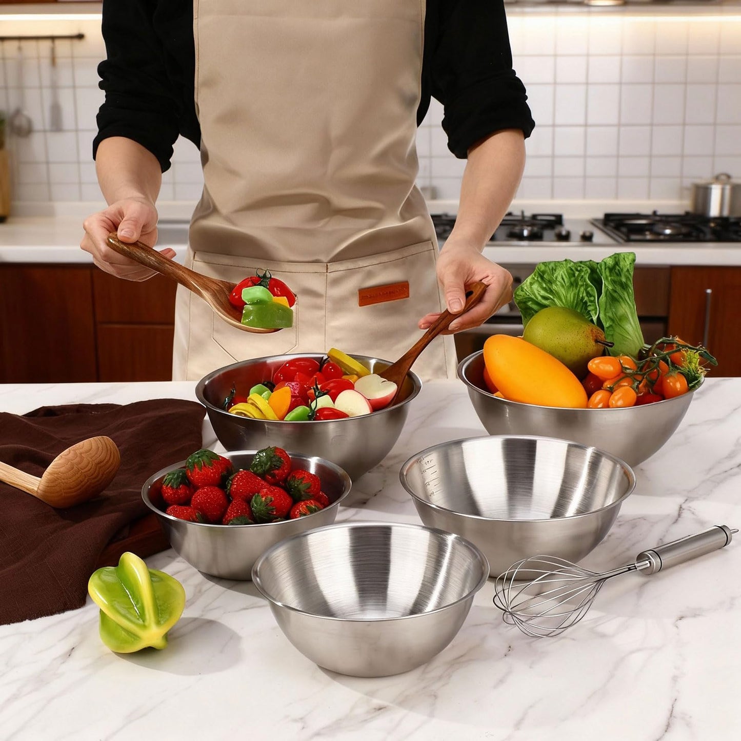 Honeydak 8 Pack Stainless Steel Mixing Bowls with Scale Meal Prep Bowls Dishwasher Safe Stainless Steel Salad Bowl Sizes 1.1, 1.6, 2.2 and 2.64 Qt for Kitchen Baking Cooking Prepping