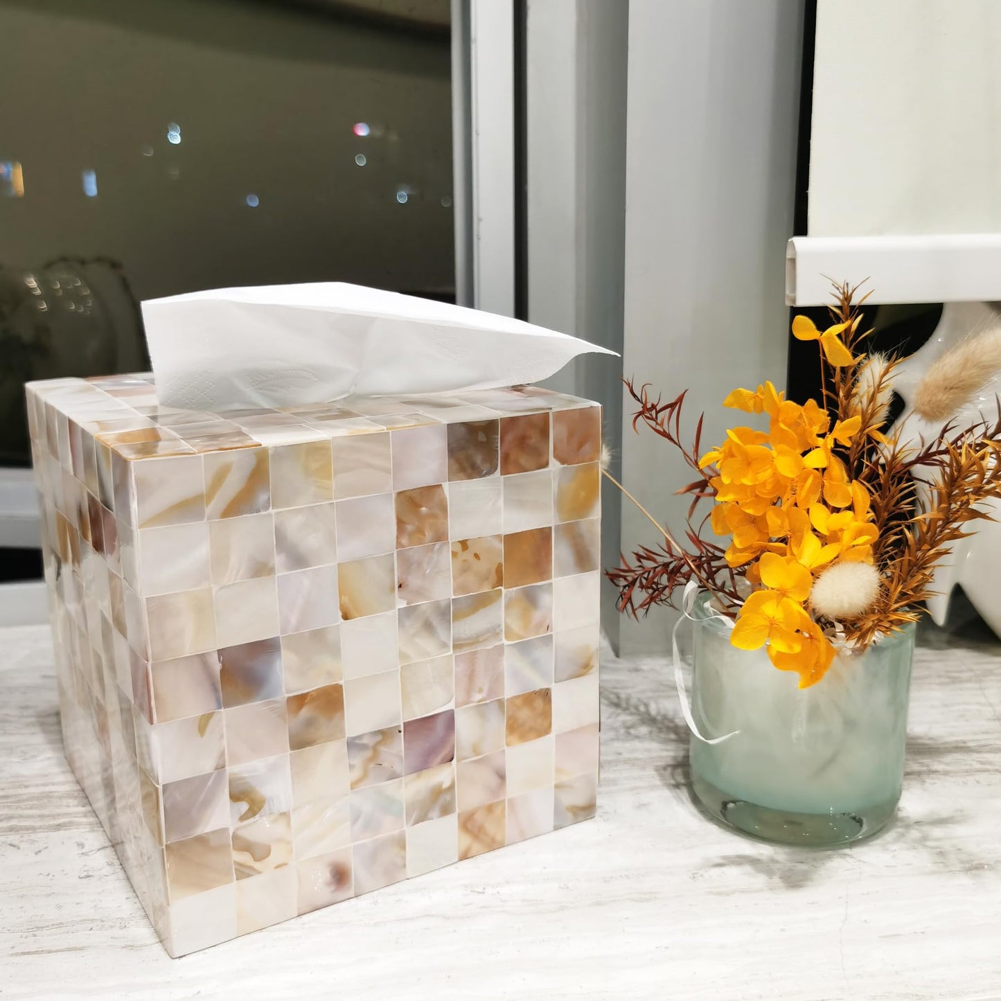 i-lan Mother of Pearl Tissue Holder,Sea Pearl Shell Decorative Square Tissue Cover Box for Bathroom,Mother of Pearl Napkin Box,MOP Tissue Cover Cube Box(champagne gold)