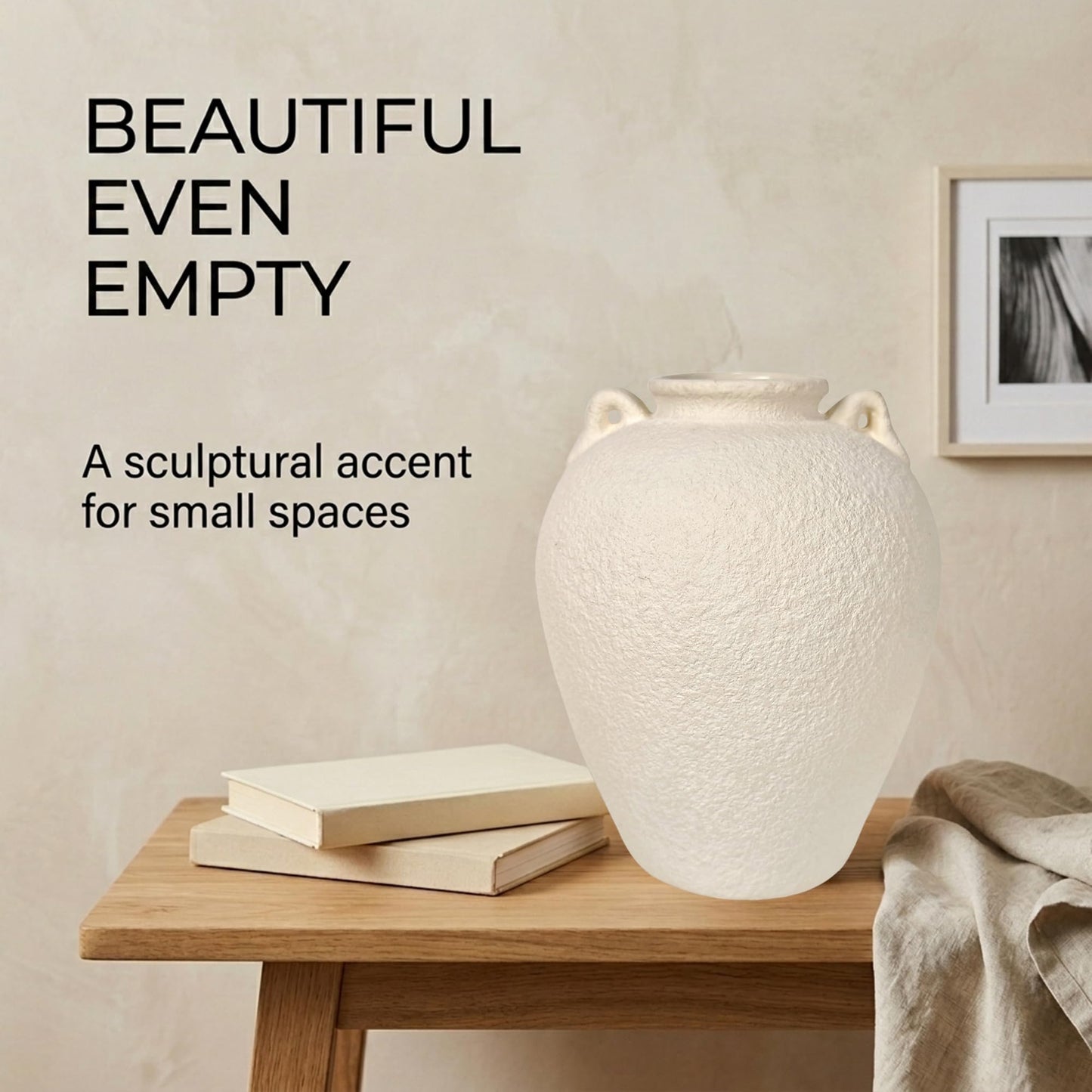 LKKMINIEN 8.7" White Ceramic Vase with Handles, Textured Stone Decor