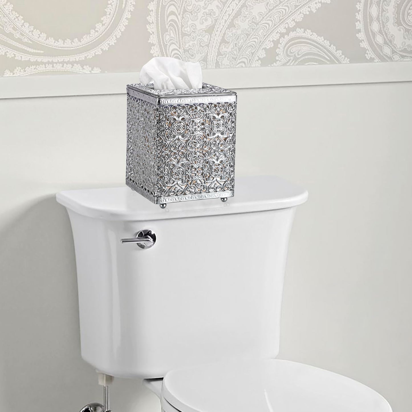 Sumnacon Tissue Box Cover Square Tissue Box with Lid, Metal Tissue Box Holder Stylish Tissue Cover Cube Tissue Box Cover for Bathroom Toilet Kitchen Table Desk Home Office, Silver
