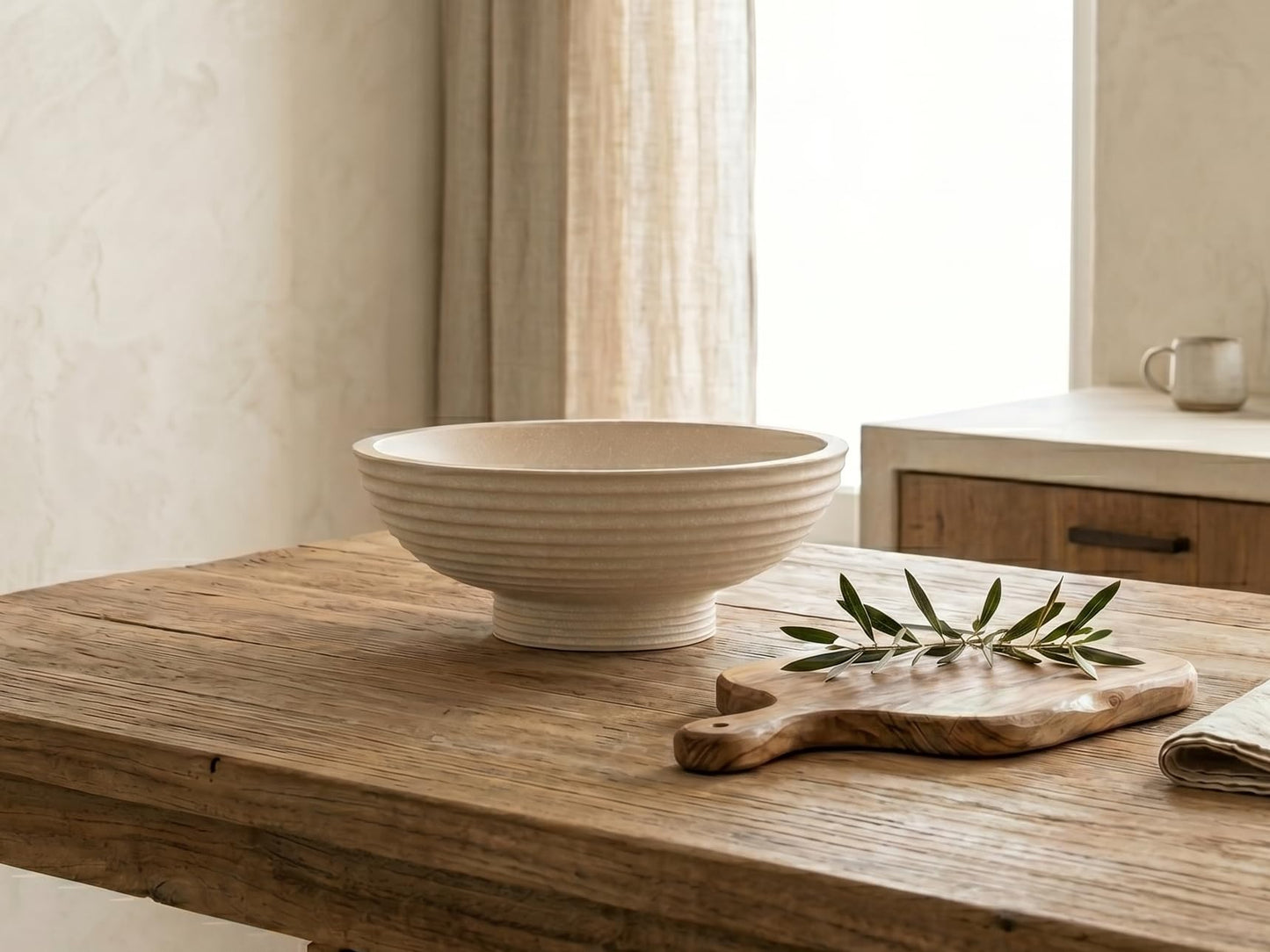 GLIMSDEER Minimalist Decorative Pedestal Bowl, 11.2''D Resin Horizontal Stripes Catch All Bowl for Keys, Candles, Boho Large Dish for Coffee Table Centerpiece, Entryway Console Table, Beige White