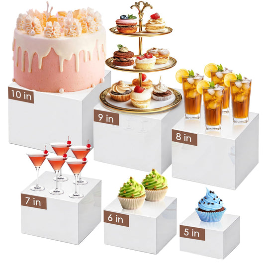 6Pcs White Buffet Risers Set (Size 5",6",7",8",9",10"),Food Risers for Buffet Table Display Stand Shelf for Party Catering Dessert Collectibles Acrylic Cube Boxes Display with Hollow Bottoms