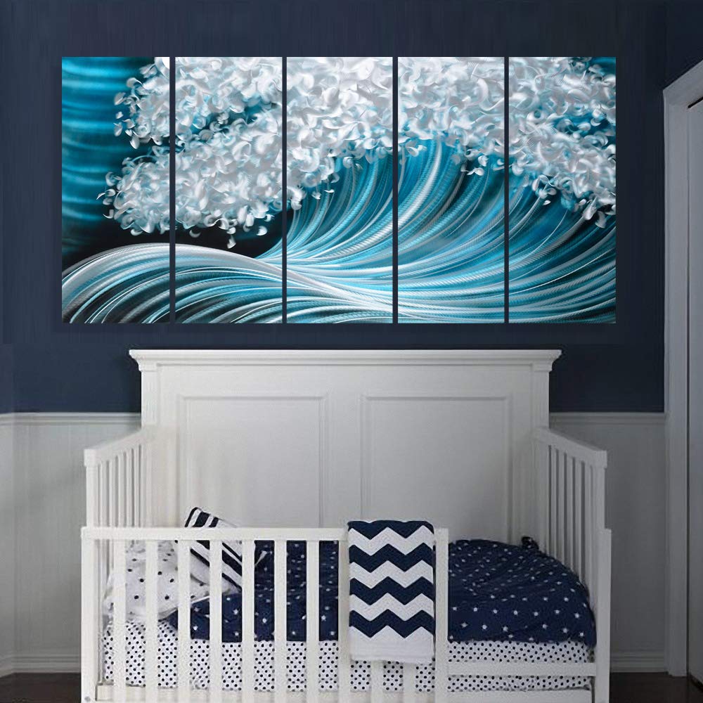 RICHSPACE ARTS Metal Wave Wall Art Large Horizontal Paintings Contemporary Blue Accents Home Decor Coastal Nautical Ocean Artwork on Aluminum for Office Living Room Bedroom Home Walls