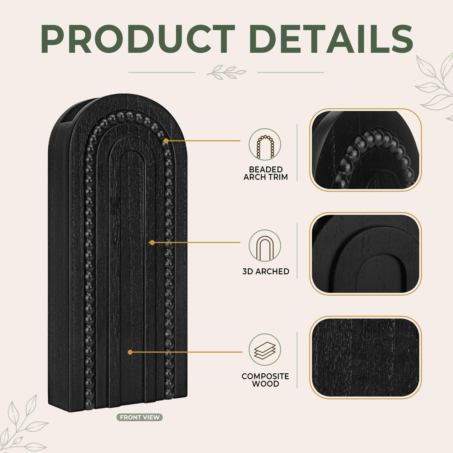 2 Pack Black Wooden Wall Vase Set, Beaded Arch Boho Hanging Wall Planters