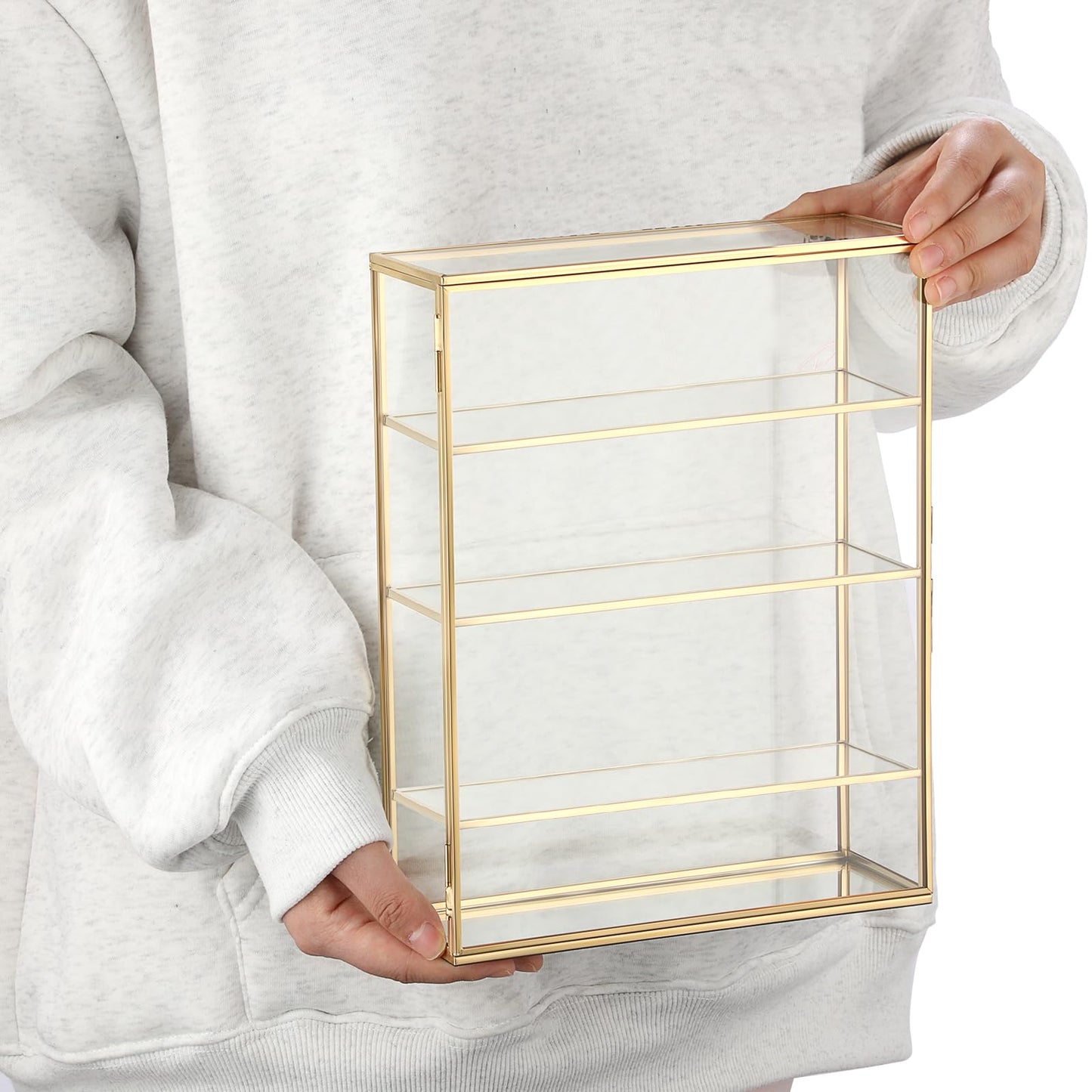 JUXYES 4 Tiers Tabletop Brass Glass Rock Display Case with Latch Door, Modern Clear Rocks Display Case Box with Mirror Bottom, Gold Dust Proof Case for Collectible, Mineral Crystal, Stones