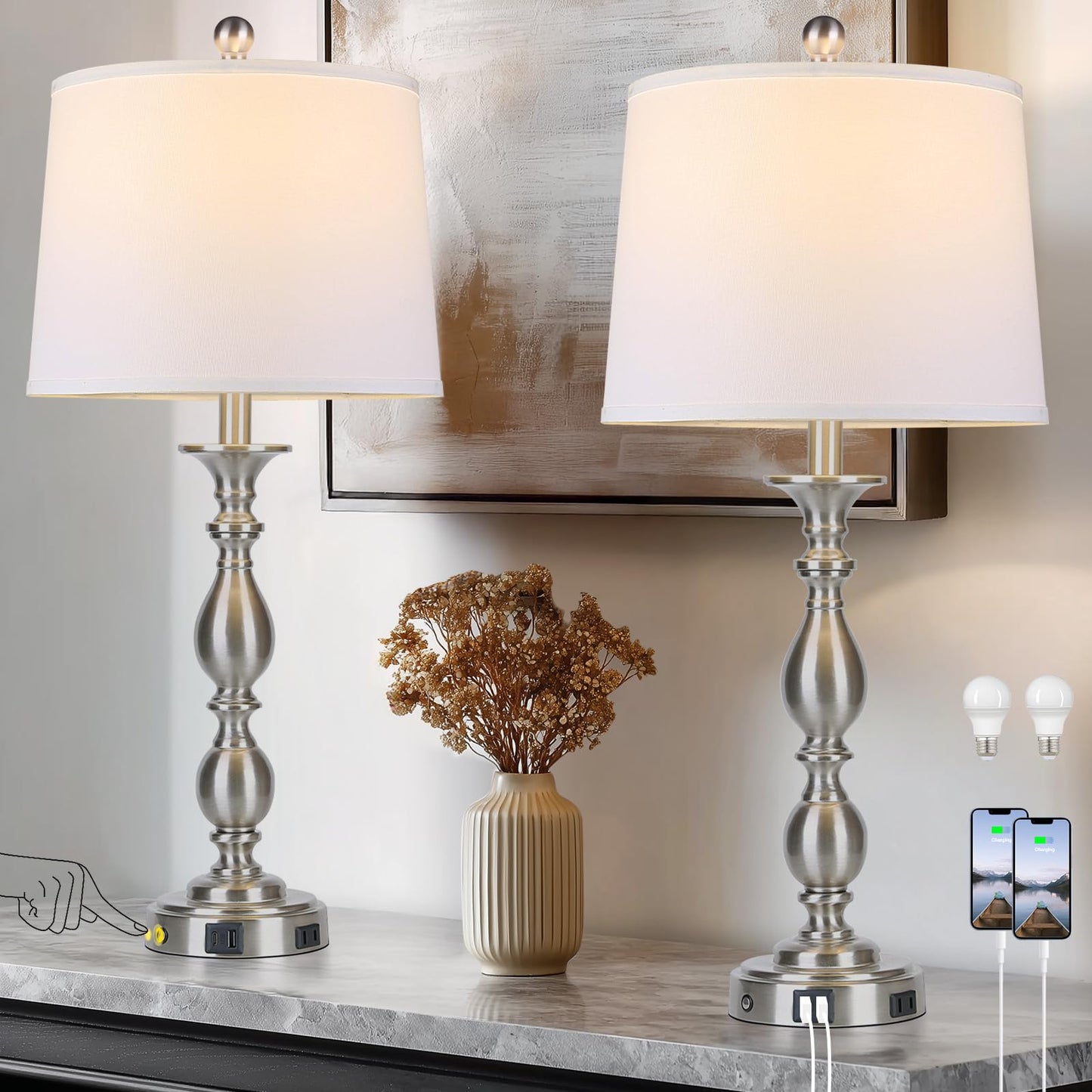 MOUVOVO 28" Tall Modern Table Lamps Set of 2 with USB A+C Ports and AC Outlet, 3 Way Touch Metal Bedside Lamps for Bedroom, Silver Farmhouse Nightstand Lamps for Living Room