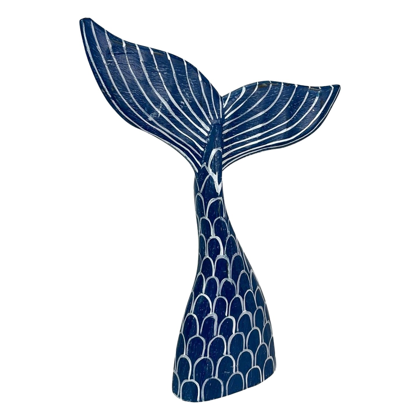 Hand-Carved Navy Blue Wood Mermaid Tail Sculpture – 13.75" Nautical Coastal Table Decor, Beach House Accent, Ocean-Inspired Artisan Art, Indoor Shelf Display Statue, Unique Gift for Ocean Lovers