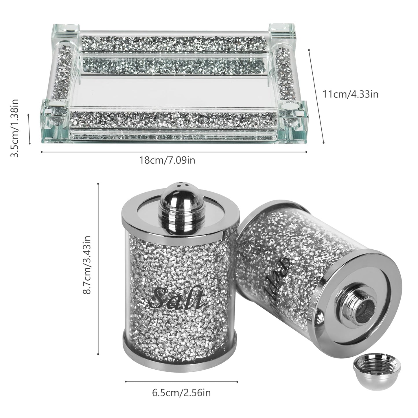 Ulable Crystal Salt and Pepper Shakers with Mirrored Tray, Crystal Crushed Diamond Home Decor, Bling Glass Salt and Pepper Shakers, Sparkly Salt Pepper Glass Jar for Kitchen, Dining Table, Restaurant