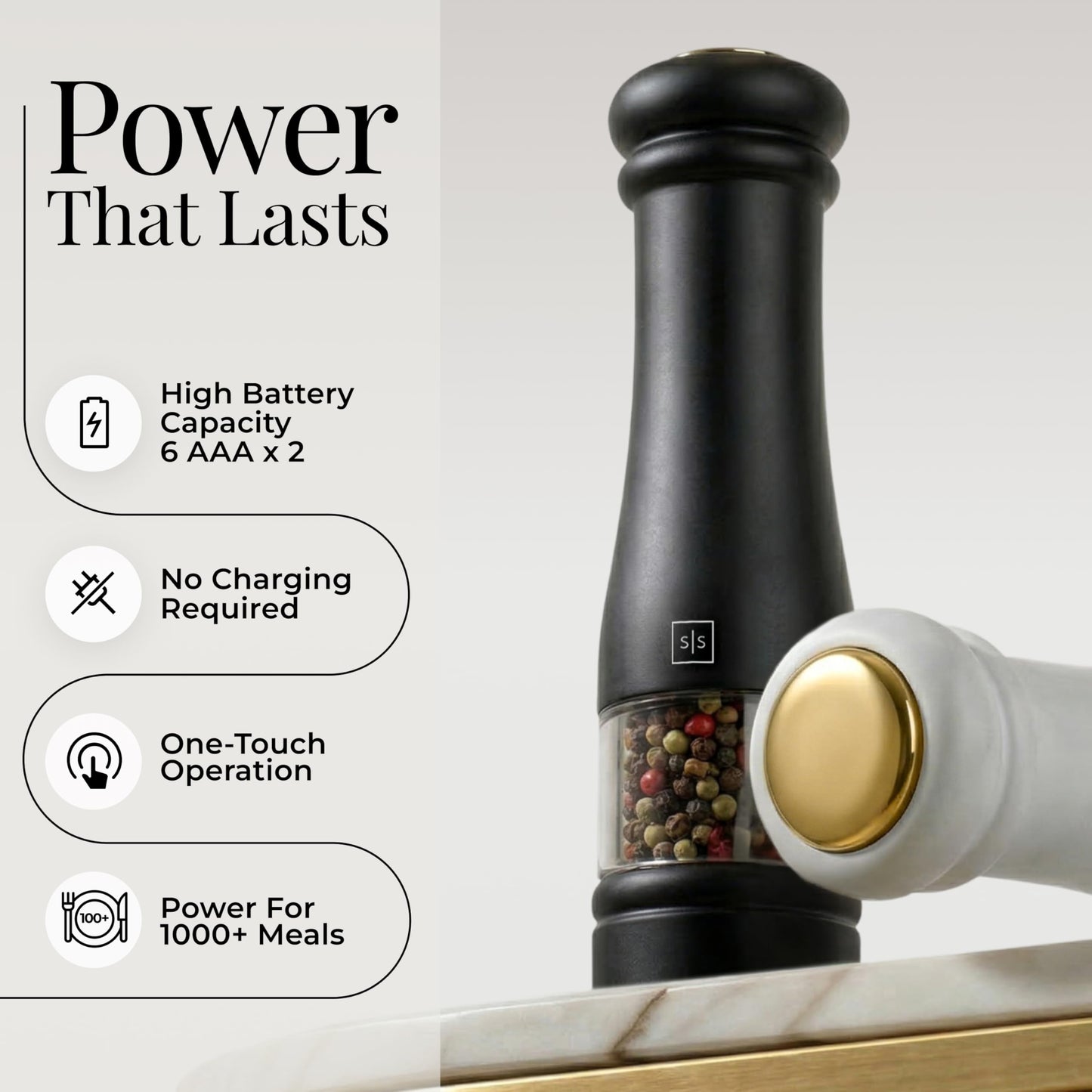 Electric Salt and Pepper Grinder Set - Styled Settings Electric Salt and Pepper Shakers, Automatic Stainless Steel Set with LED Light, Battery Operated, Adjustable Coarseness, Wood Base