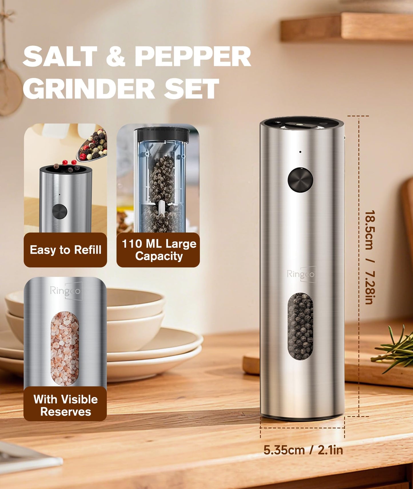 Ringco Electric Salt and Pepper Grinder Set with Charging Base, Rechargeable Salt and Pepper Mill with Adjustable Coarseness, LED Light, 110ml Large Capacity for Kitchen, Outdoors, Gifts for Women