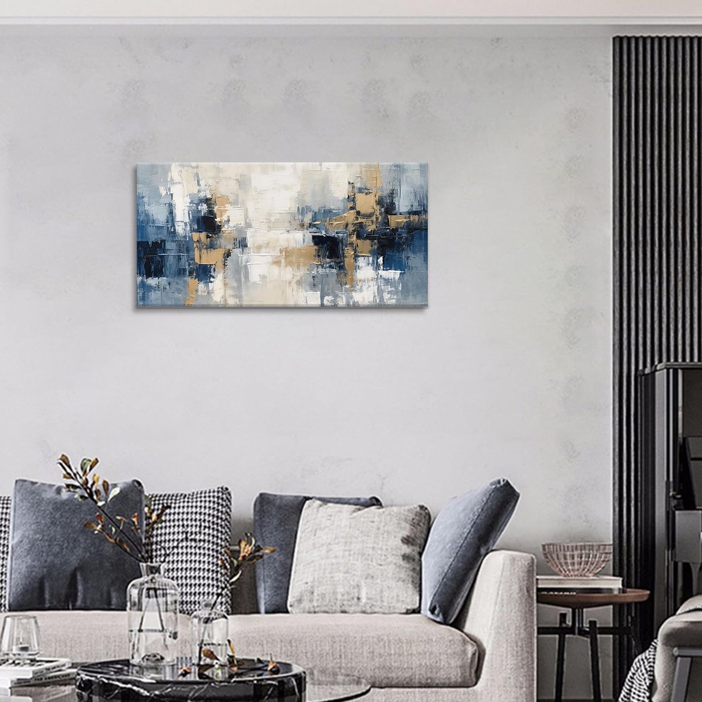 Blue and Gold Abstract Canvas Print Painting Indigo Modern Wall Art for Living Room Bedroom Home Office Decor