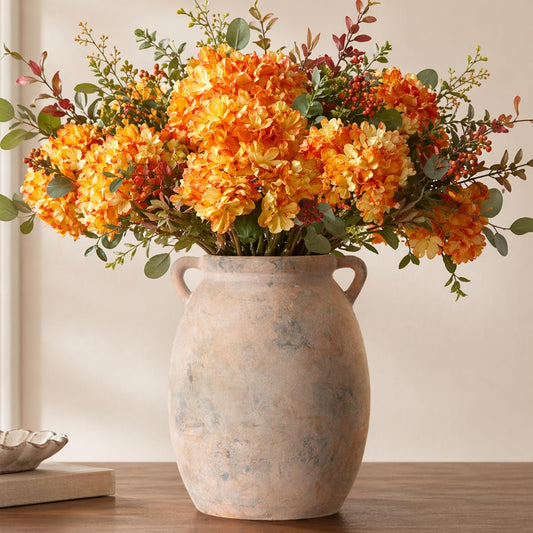 Rustic Ceramic Vase for Flowers 7.7", Terracotta Pottery Vase with Handles & Distressed Finish, Large Vintage Decorative Stone Clay Vases for Farmhouse Decor, Table Centerpiece, Fireplace Mantle