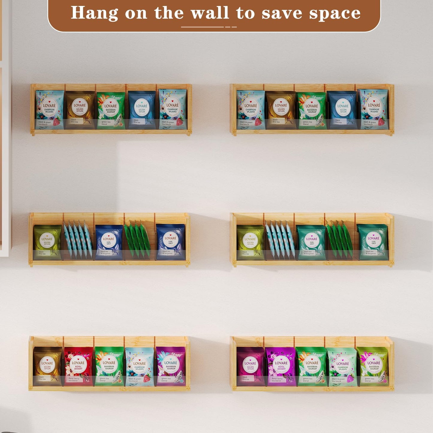 X-cosrack Bamboo Tea Bag Organizer Storage Box, 3 Tier Stackable Tea Bag Box Natural Wood, Wall Mount Tea Chests with Acrylic for tea bags Office Kitchen Cabinet Pantry