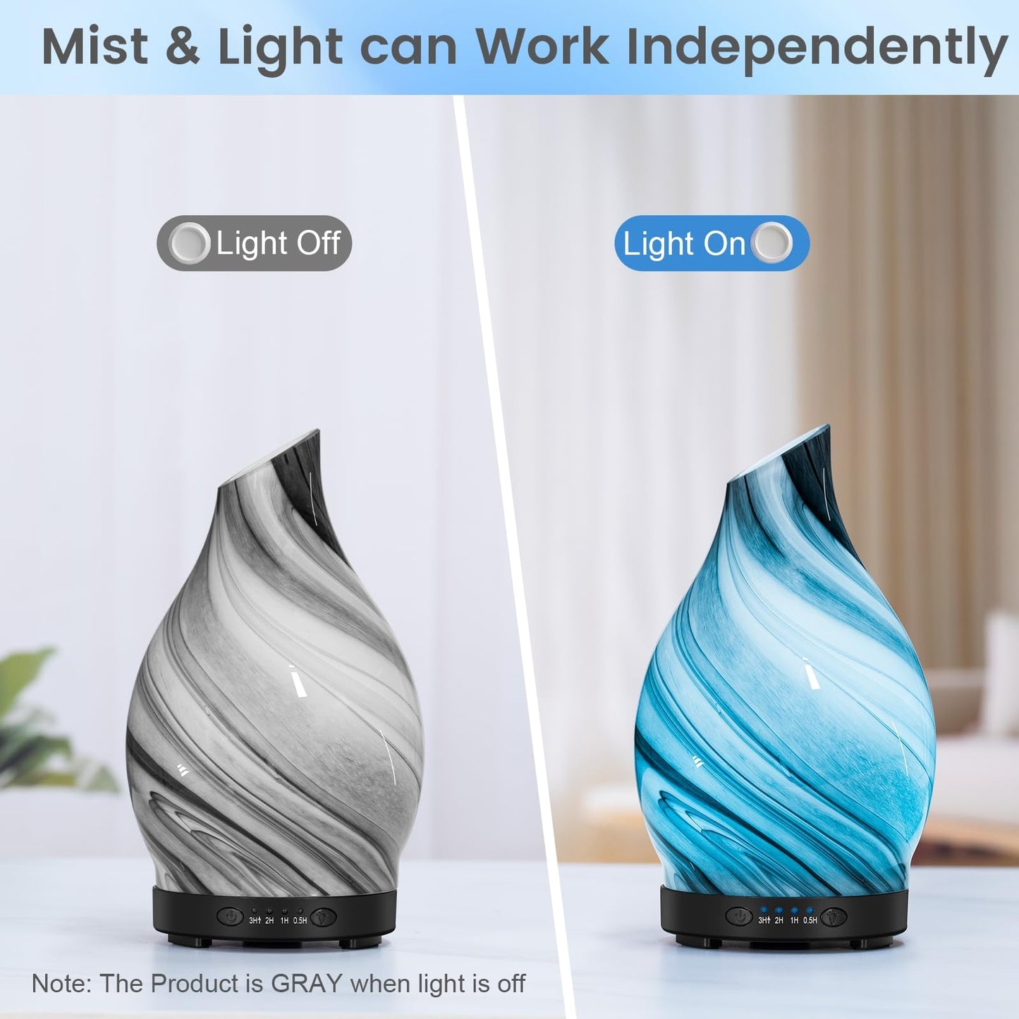 JOYOLO Essential Oil Diffuser, 120ML Glass Aromatherapy Diffuser with Auto Shut-Off and 7 Color LED Lights, Ultrasonic Mist Humidifier with 4 Timer for Home Office Bedroom (Gray Wave)