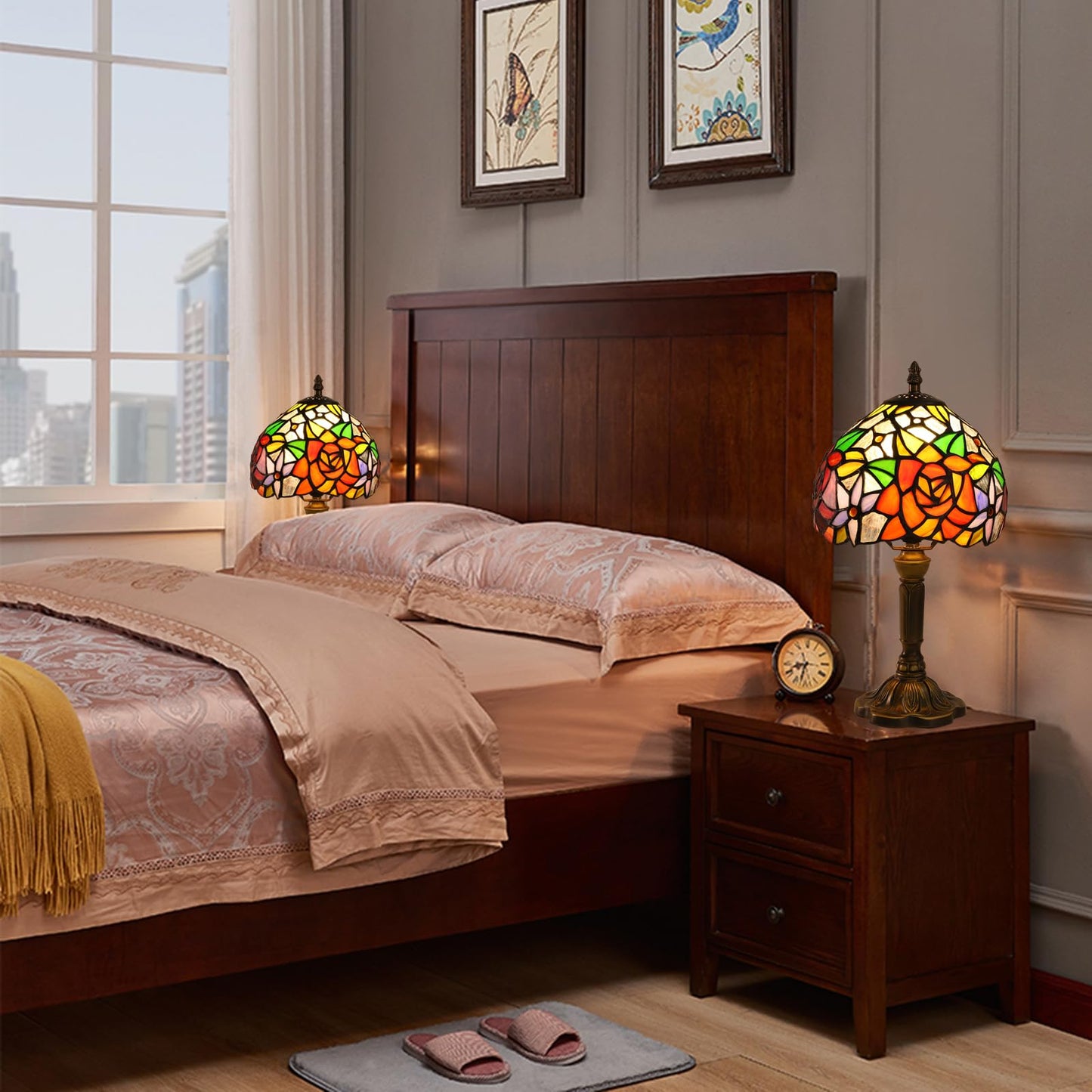FUMAT Rose Tiffany Small Table Lamp 3 Way Color Temperatures Stained Glass Bedside Nightstand Table Lamps for Living Room,Bedroom, Home Office Reading Desk Lamp+LED Bulb,8X8X15 Inch