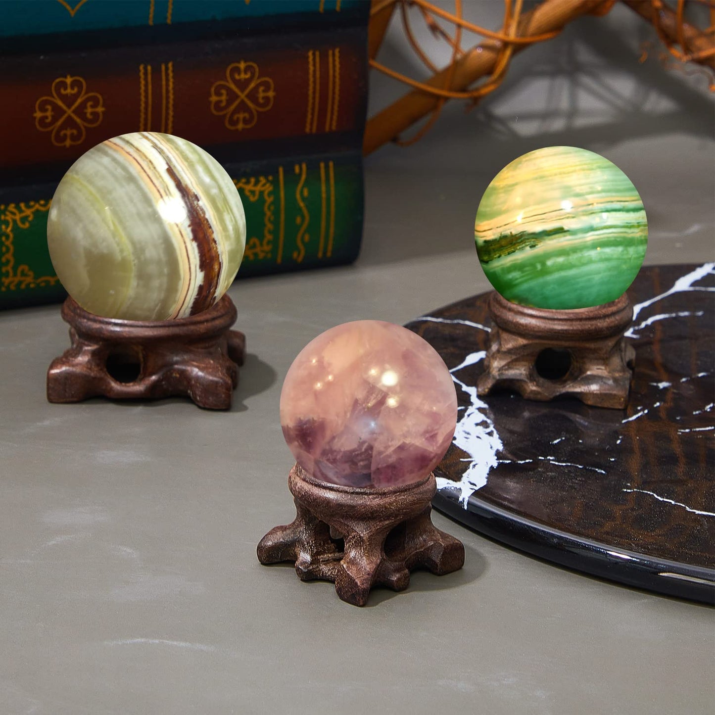 Taiyin 9 Pieces Wooden Sphere Stands for Display Mini Crystal Ball Holder Stone Rock - 3 Sizes: 0.79, 1.18, 1.57 Inch for Globe Gemstone Home Decor