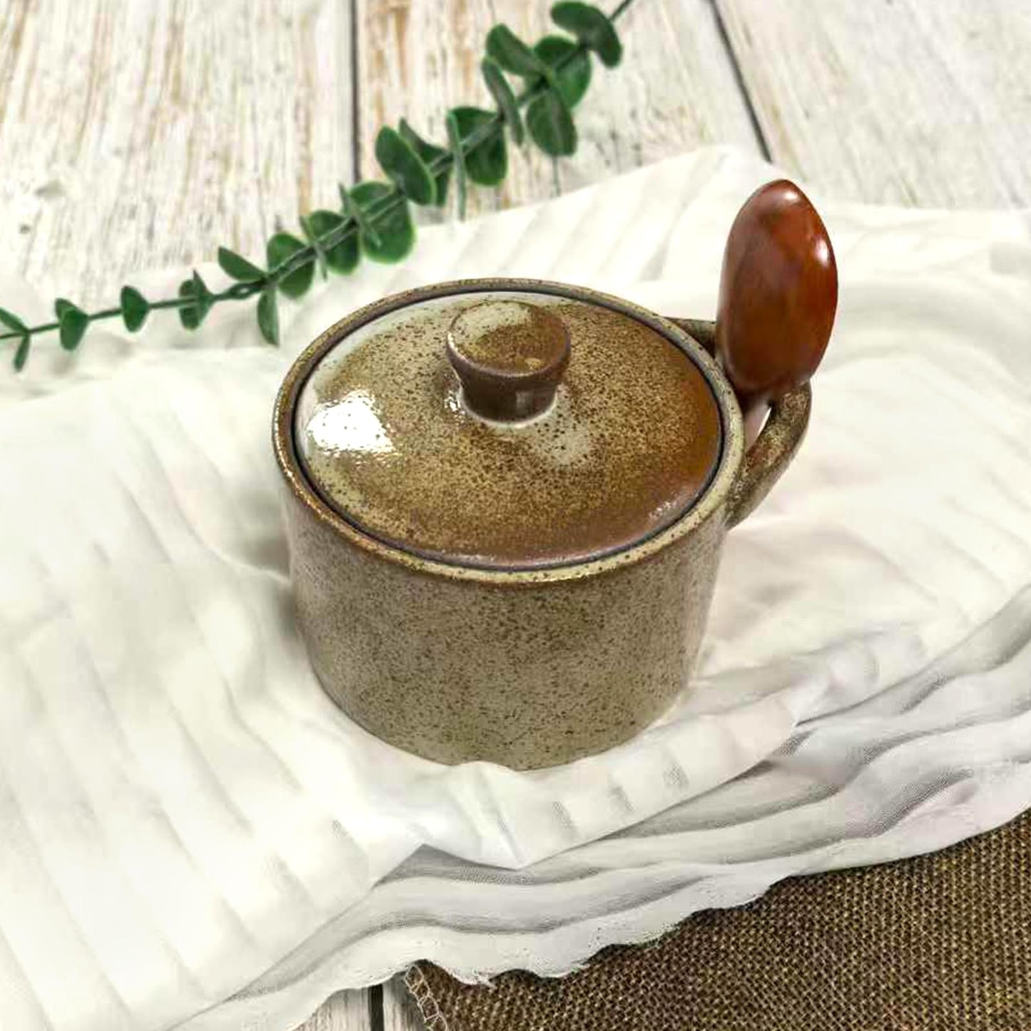 2 Set Speckled Ceramic Salt Cellar with Lid and Wooden Spoon, Vintage-Inspired Kitchen Storage, Farmhouse Salt Pepper Cellar Holder, Thoughtful Housewarming Gift for Sea Salt, Granulated Sugar