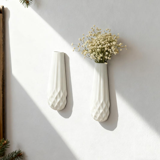 DOCFLVAS Wall Ceramic Vase — 2 Pack Textured Matte White Hanging Vase | Modern Minimalist Ceramic Wall-Mounted Vase for Single Stems & Dried Flowers