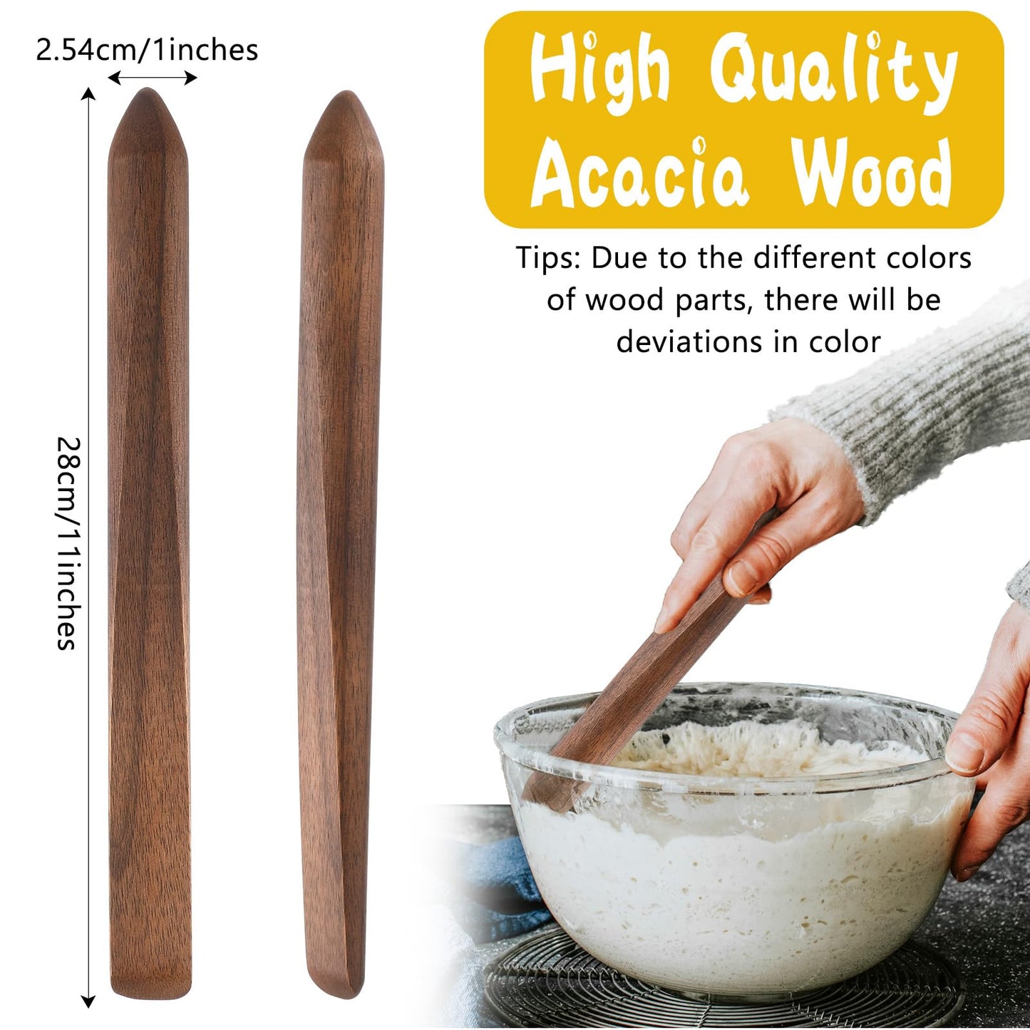 Hillban 2 Pcs 11 Inch Spurtle for Sourdough Stirring Stick Bread Mixing Stir Stick Bread Making Tools Paddle Wooden Dowel for Sourdough Spurtle Spatula Kitchen Cooking(Walnut)