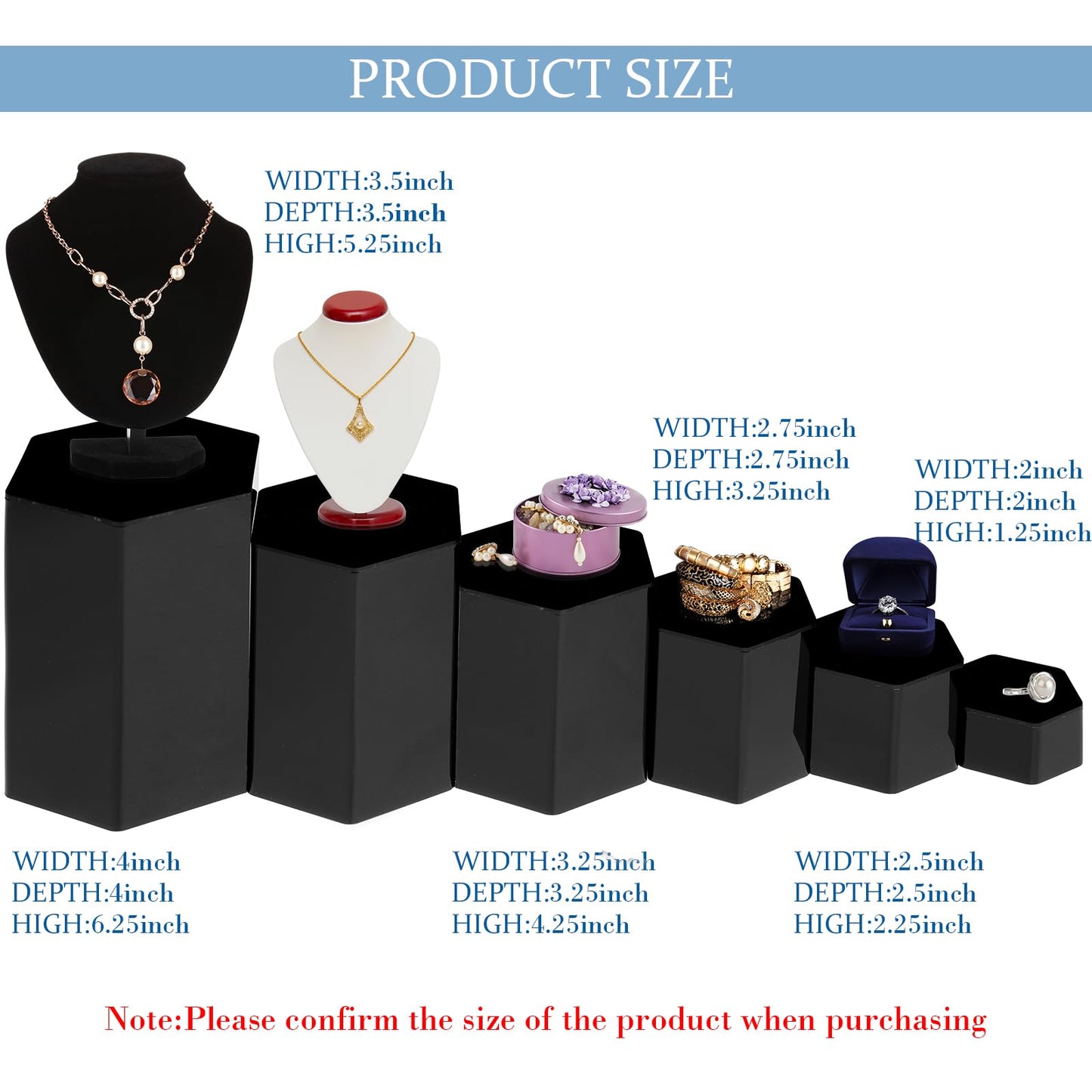 Jetec 12 Pcs Hexagonal Jewelry Display Risers Hexagonal Market Display Risers Stands Acrylic Showcase Acrylic Stand for Jewelry Model Figures Decoration, 6 Sizes (Black)