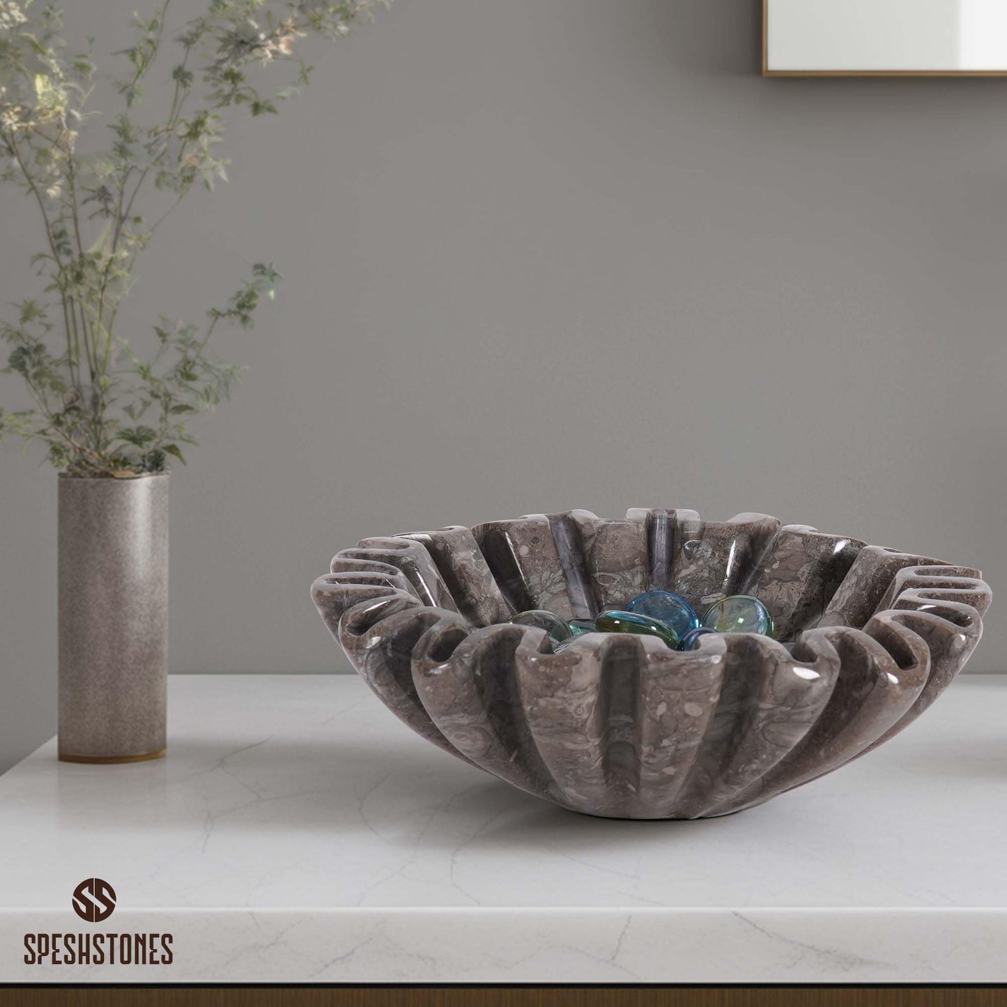 SPESHSTONES Marble Scalloped Bowl 6 Inch Handmade Stone Ruffle Bowl, Small Bowls for Table Centerpieces & Housewarming Gifts, Modern Ring Dish, Fruit & Key Bowl for Entry Table, Fluted Bowl