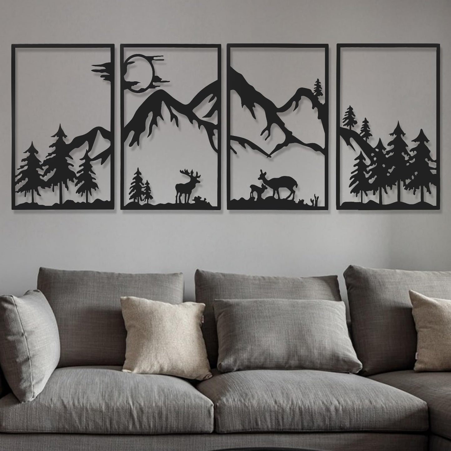AMAATE Modern abstract wall decoration set, black metal hollow hanging paintings, 4 geometric designs for living room home decoration (Art Deco, Snow Mountain, 11" X 14.6" in)