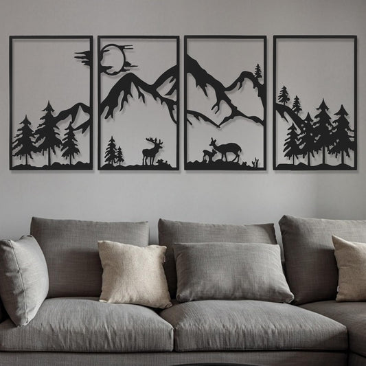 AMAATE Modern abstract wall decoration set, black metal hollow hanging paintings, 4 geometric designs for living room home decoration (Art Deco, Snow Mountain, 11" X 14.6" in)