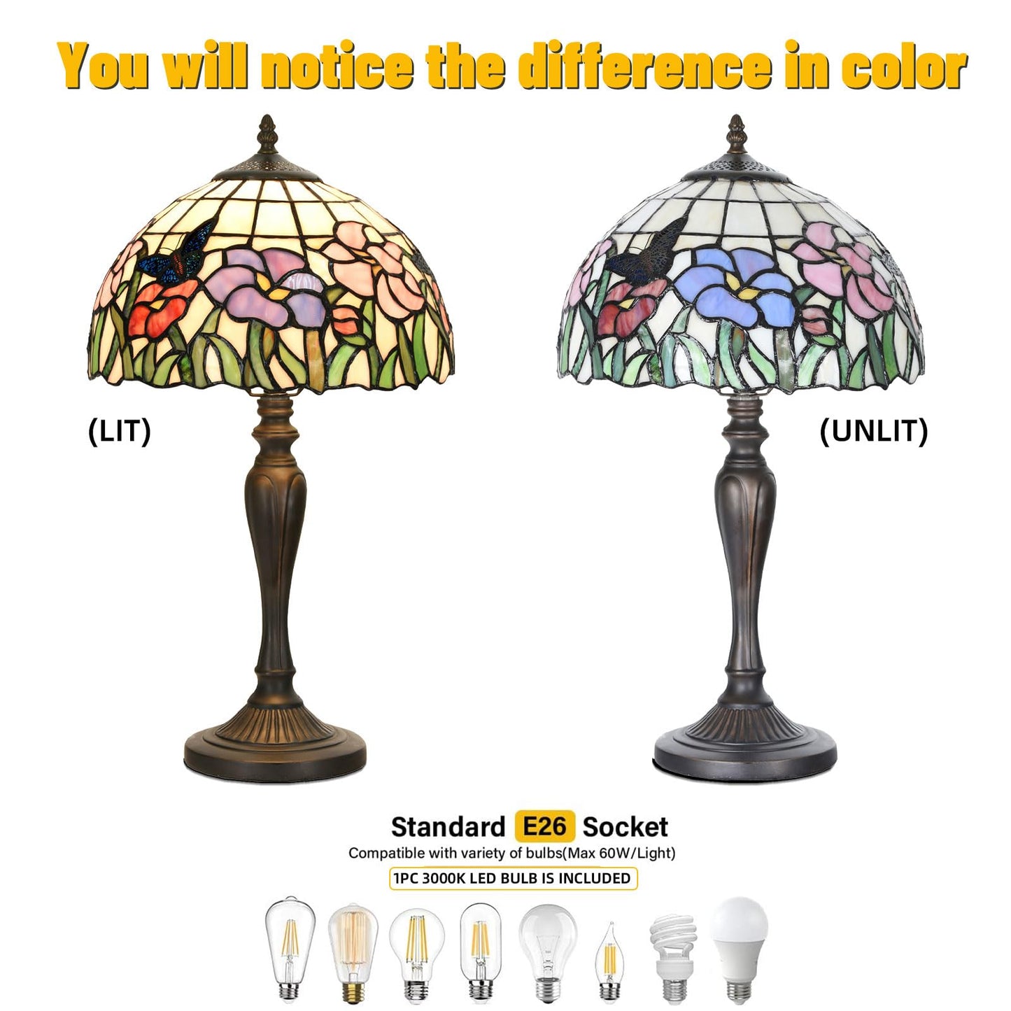 HomeBeauty TL0001 Tiffany Table Lamp Handmade Stained Glass Flowers Butterfly Design Lampshade Reading Desk Light 12X21.5 Inches for Bedroom Living Room Home Office,LED Bulb Included