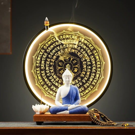 Houlu Blue Buddha Statue and Circle LED Table Lamp, Ceramic Buddha Statue for Home Décor