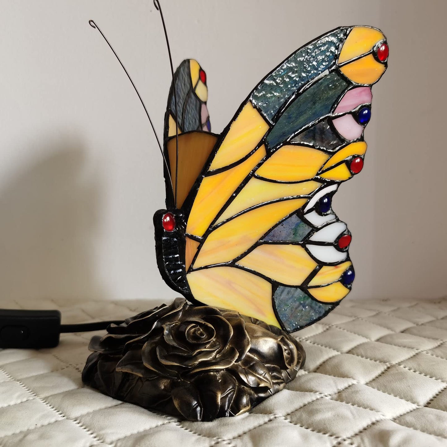 FUMAT Bedside Table Lamp LED Tiffany Table Lamps Yellow Butterfly Stained Glass Shade ON Off Switch Night Light Side Table lamp for Living Room Bedroom Farmhouse Mothers Day Gifts