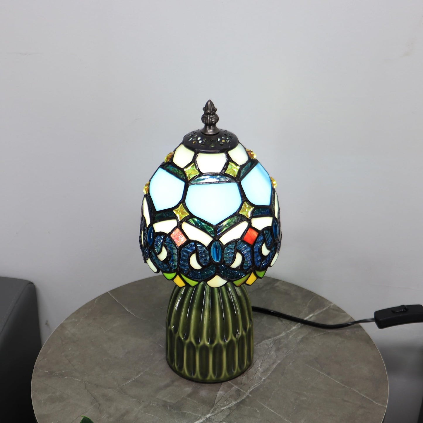 HTDSC Tiffany Stained Glass Table Lamp Blue Crystal Baroque 12.5 Inch