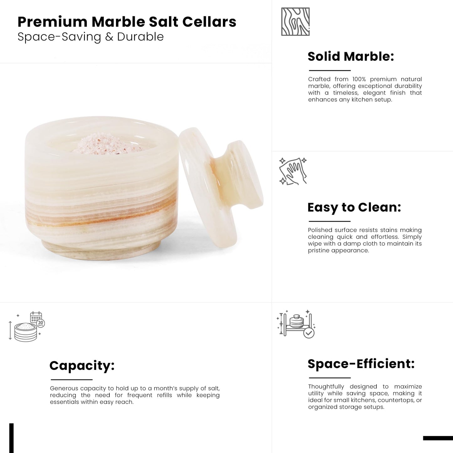 Marble Salt Cellar 3" Inch White & Onyx Salt Holders with Lid for Spice Jar, Stone Salt Containers, Modern Sugar and Candies Bowls, Perfect Mother’s Day Gift, Kitchen Storage, Decorative Salt Box
