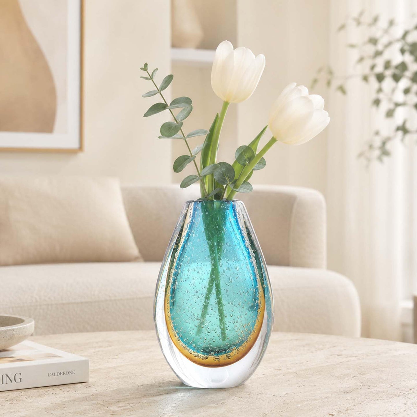 Decorative Glass Flower Vases Blown Vase for Home Decor Living Room Dining Room Shelf Mantel Tabletop Centerpiece Modern Art Deco Style Unique (Green)