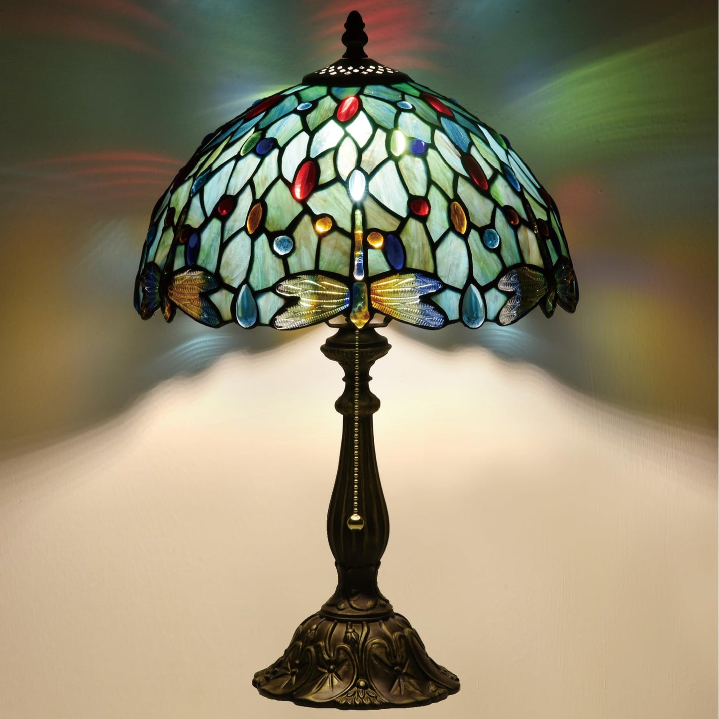 Msrzuds Tiffany Style Stained Glass Table Lamp 12-inch Dia Ocean Blue Dragonfly Design Lampshade Vintage Nightstand Light for Bedroom Dorm Living Hallway Cottage Office Cafe Ceremony Housewarming Gift