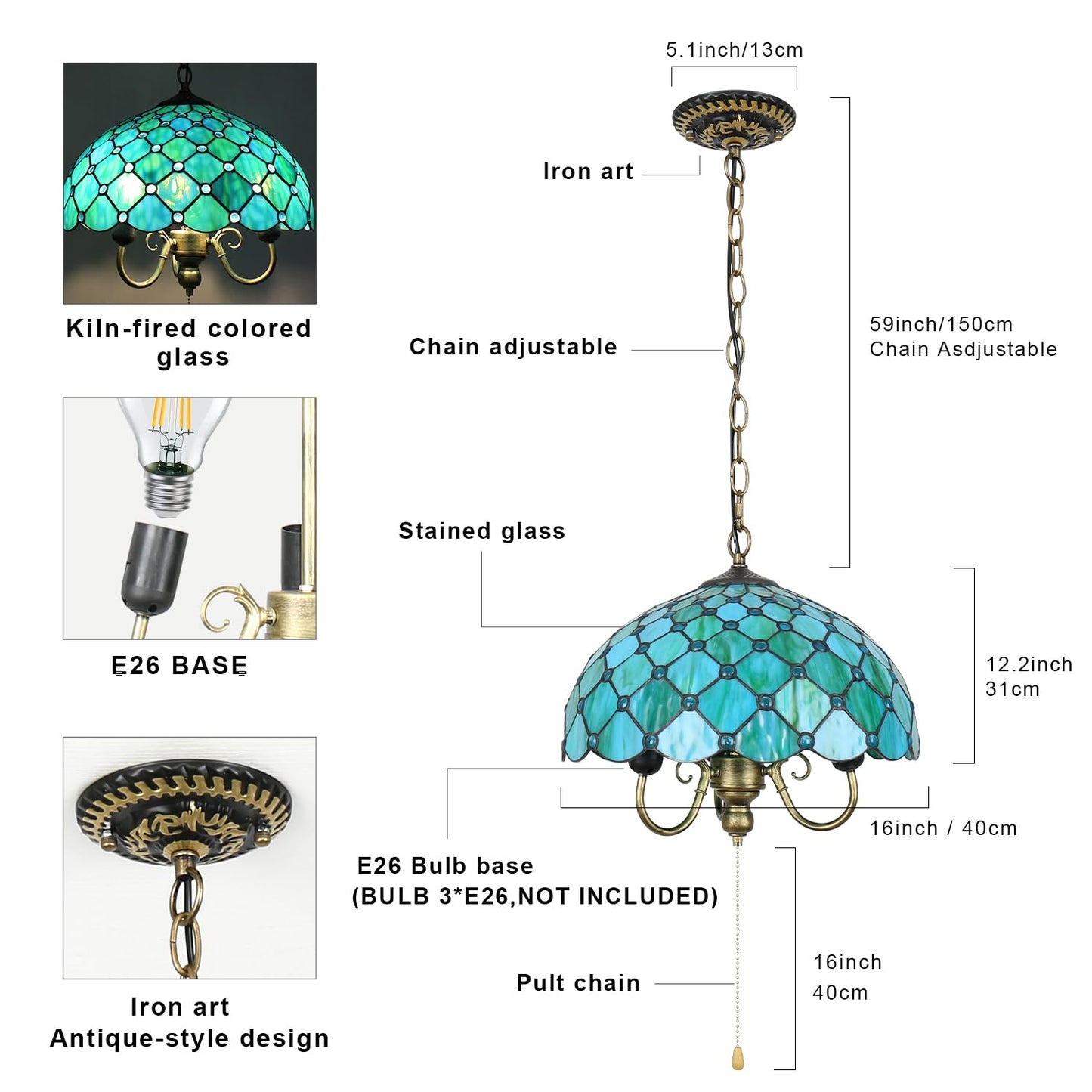 TFNTCYG Tiffany Pendant Light, Sea Blue Pearl Style Stained Glass Lamp, 16'' Wide 3-Light Inverted Ceiling Pendant Lights for Living Dining Room Kitchen Bedroom Entryway