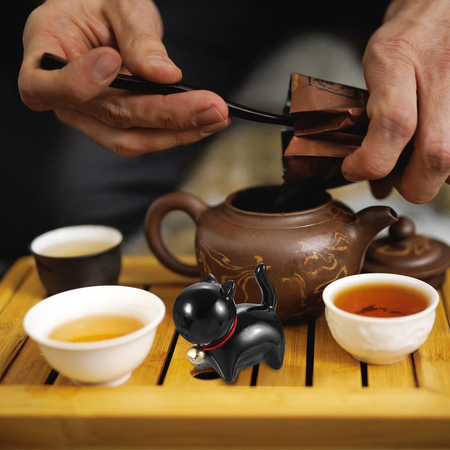 uxcell 2 Pcs Ceramic Lucky Cat Tea Pet, 2.5x1.3x2.2 Cute Funny Handmade Cat Tea Figurine with Bell Collar for Home Office Tea Room Desktop Decorations Gifts, Orange