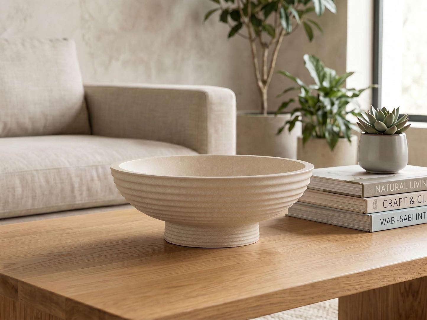 GLIMSDEER Minimalist Decorative Pedestal Bowl, 11.2''D Resin Horizontal Stripes Catch All Bowl for Keys, Candles, Boho Large Dish for Coffee Table Centerpiece, Entryway Console Table, Beige White