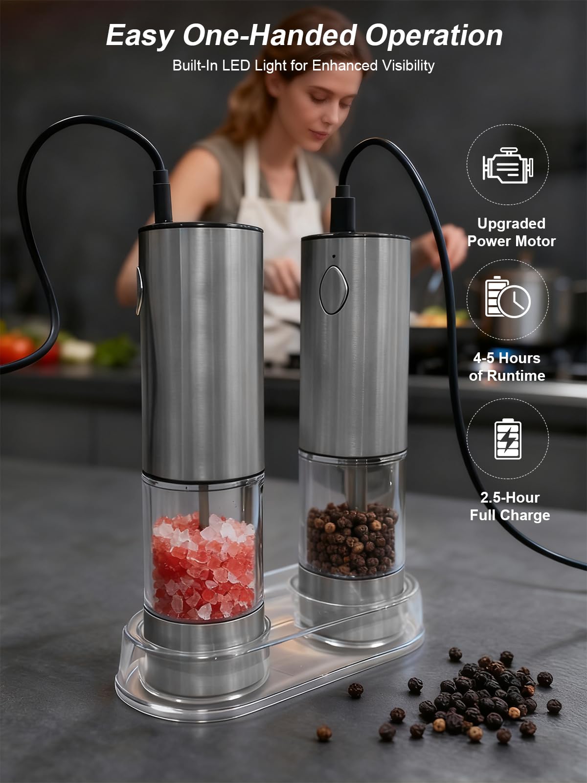 Electric Salt and Pepper Grinder Set, Rechargeable Salt and Pepper Shakers Stainless Steel with Type-C charging cable, Adjustable Coarseness, Easy Filling Larger Capacity with Led for Home Kitchen