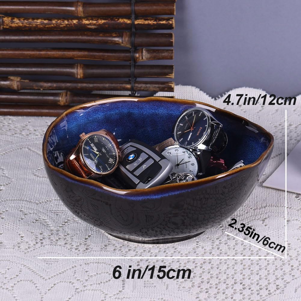 6" Blue Ceramic Decorative Bowl, Entryway Table Decor Pottery Key Bowl, Candy Dish, Salad Bowl, Blue Decor Small Jewelry Trinket Dish for Bedroom, Centerpiece, Bedside Table, Living Room Decorative