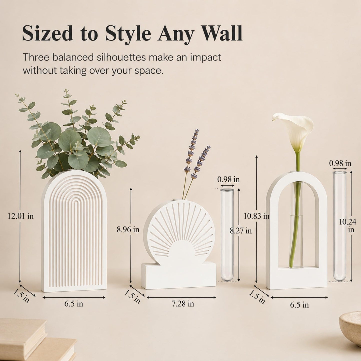 TBWIND White Wooden Wall Vases for Flowers Set of 3, Propagation Planter with 2 Glass Tubes, Modern Farmhouse Hanging Wood Decor for Living Room, Entryway