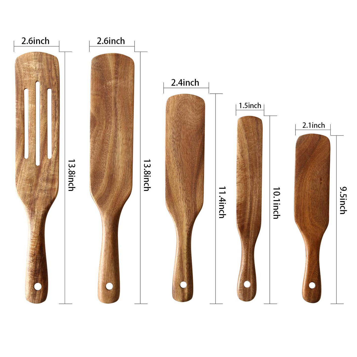 Wooden Spurtle Set, NAYAHOSE 5 Pcs Natural Teak Kitchen Utensil Set Heat Resistant Non Stick Wood Cookware with Hanging Hole, Slotted Spurtle Spatula Sets for Stirring, Mixing, Serving